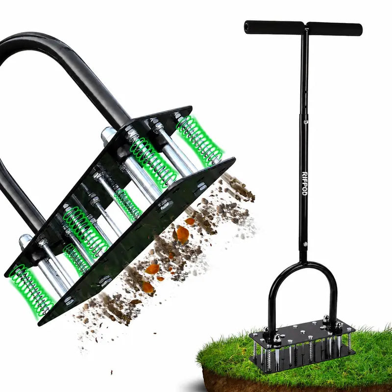 Manual Lawn Aerator Tool with 15 Iron Spikes, Adjustable Height, Heavy-Duty Grass Aerator