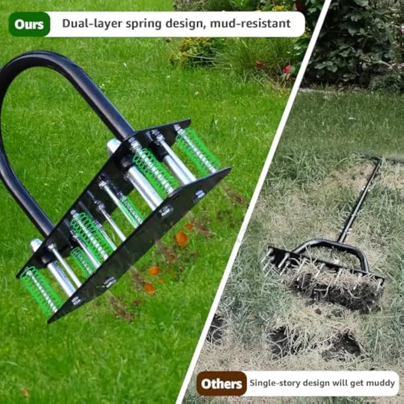 Manual Lawn Aerator Tool with 15 Iron Spikes, Adjustable Height, Heavy-Duty Grass Aerator
