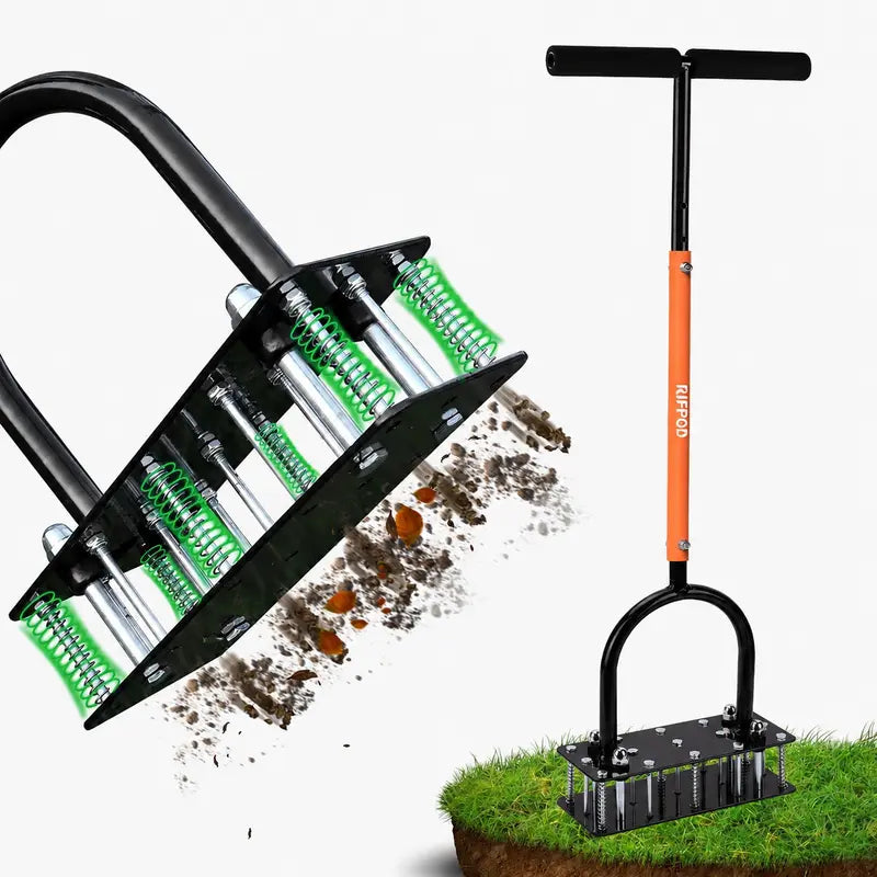 Manual Lawn Aerator Tool with 15 Iron Spikes, Adjustable Height, Heavy-Duty Grass Aerator