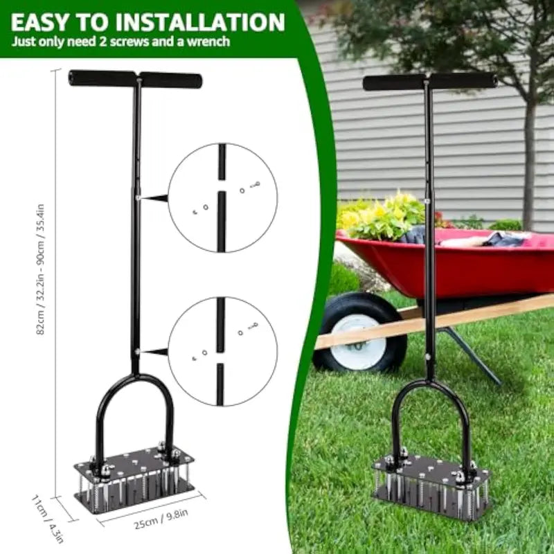 Manual Lawn Aerator Tool with 15 Iron Spikes, Adjustable Height, Heavy-Duty Grass Aerator
