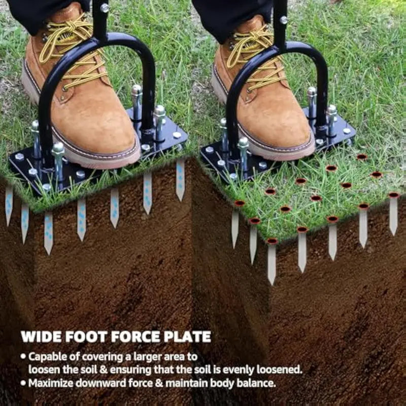 Manual Lawn Aerator Tool with 15 Iron Spikes, Adjustable Height, Heavy-Duty Grass Aerator