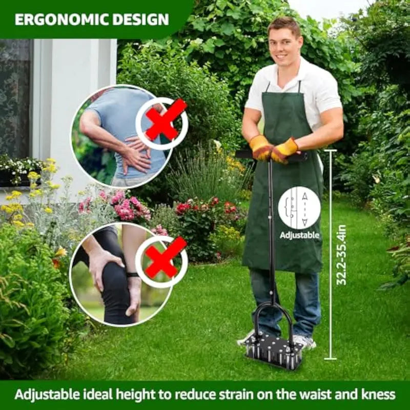 Manual Lawn Aerator Tool with 15 Iron Spikes, Adjustable Height, Heavy-Duty Grass Aerator